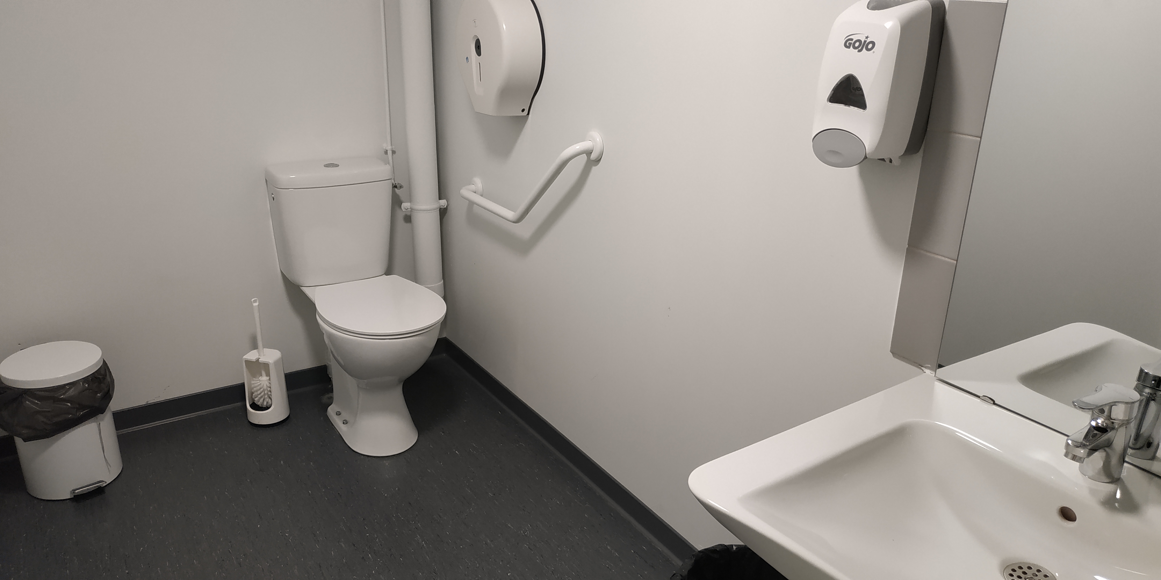 Les toilettes d'handicapés, vu grand angle, avec tout à gauche une poubelle, un lave-chiotte sur la droite, une toilette sur sa droite, bordé de tuyaux fins. A droite des toilettes il y a un distributeur de papier toilette. Vers la droite il y a un distributeur de savon, un lavabo avec un miroir.