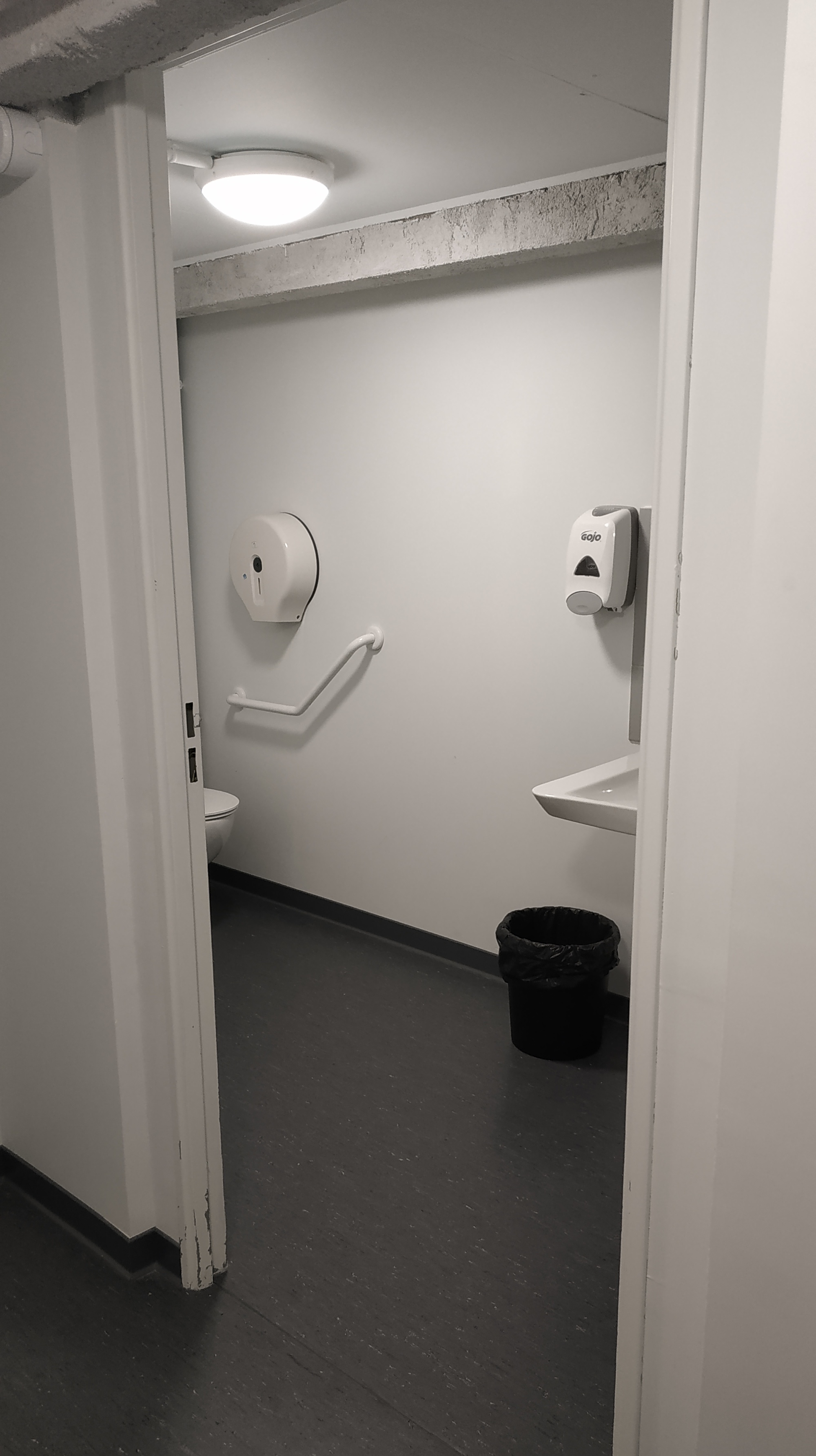 Porte ouverte dans les toilettes pour handicapés. On y voit un morceau de la pièce.